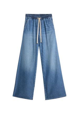 Denim brede benbukser, lys blå farve, med elastisk talje og snoretræk. Har lige ben og lommer på begge sider.