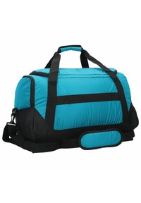 Teal and black duffel bag made of durable fabric, featuring two hand straps, an adjustable shoulder strap, and a zippered main compartment.