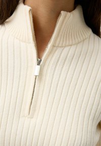 Kermavärinen ribbikudumissvettar, millel on hõbedane poolne tõmblukk krae, kantud pika pruuni juustega inimese poolt.