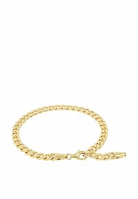 Bracciale a catena curb tono oro con chiusura a moschettone e prolunghe su sfondo bianco.