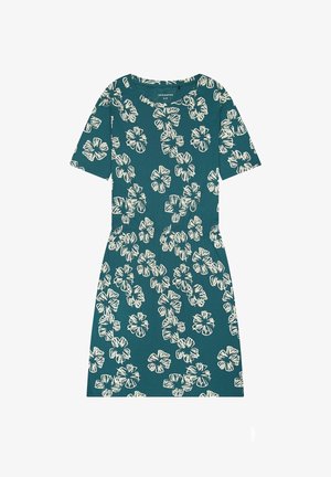 Sukienka z krótkim rękawem w kolorze morskim z białym kwiatowym wzorem; wykonana z miękkiego materiału; posiada zaokrąglony dekolt i dopasowaną talię.