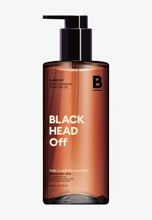 Missha Black Head Off syväpuhdistava kosteuttava öljypumppupullo ihohuokosten kirkastamiseen, 305 ml, meripihkan värinen mustalla pumpulla.