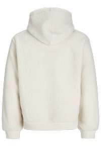 Sweat à capuche en polaire sherpa blanc avec manches longues, poignets et ourlet côtelés, vu de dos sur un fond uni.