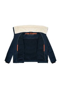 Giacca puffer blu navy con colletto in pelliccia sintetica, chiusura con zip e dettagli arancioni. L'interno è foderato in morbido pile e presenta tasche.