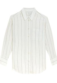 Hvid langærmet linnedskjorte med fine lodrette grå striber, knaplukning, brystlomme og spids krave.