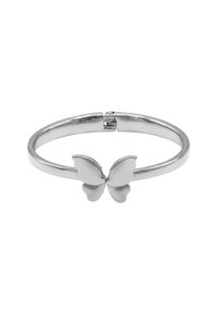 Bracciale in argento con superficie liscia e lucida. Presenta un design a cerniera, con un motivo di farfalla al centro.