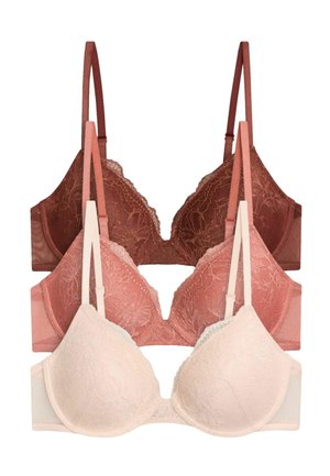 Tre blonde-bh'er i brun, støvet rosa og lyse beige med justerbare stropper, arrangeret lodret på en hvid baggrund.