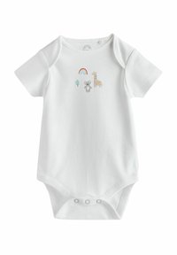 Hvid kortærmet bodystocking med et farverigt print af en regnbue, en koala, et træ og en giraff på fronten. Trykknaplukninger i bunden.