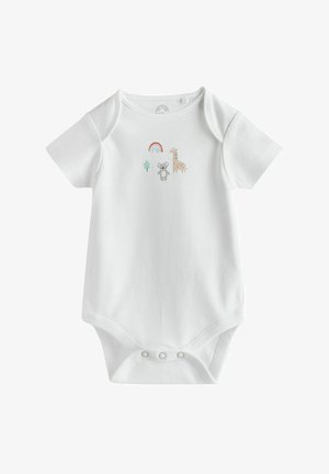 Baltas trumpas rankovės bodysuit'as su spalvingu atspaudu, kuriame pavaizduota vaivorykštė, koala, medis ir žirafa priekyje. Apačioje yra spaudimo užsegimai.