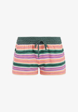 Gestreepte zwembroek met een groene gehaakte tailleband. Heeft roze, paarse en groene strepen. Voorzien van een trekkoord voor een verstelbare pasvorm.