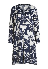 Blumendruckkleid mit navyfarbenem Hintergrund und weißen Blattmustern, langen Ärmeln und V-Ausschnitt. Weicher Stoff mit lockerer Passform.