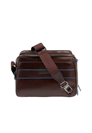 Dunkelbraune Leder-Umhängetasche mit blauer Einfassung, zwei Reißverschlussfächern und einem verstellbaren breiten Riemen mit Metallschnalle.