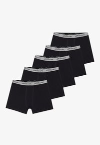 Fekete boxer alsónadrág ötpakusban, puha anyagból készült, szürke elasztikus derékpánttal, fekete logóval díszítve.