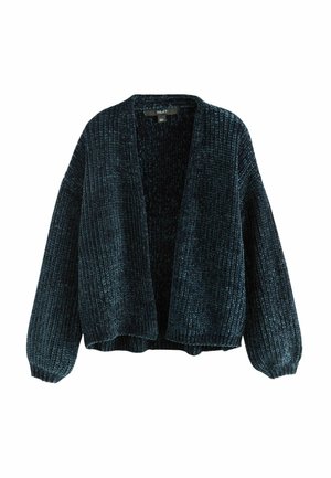 Dunkelblaugrüner Strickcardigan mit strukturierter, gerippter Strickdesign, offener Vorderseite und voluminösen Ärmeln. Weicher Stoff mit lockerer Passform.