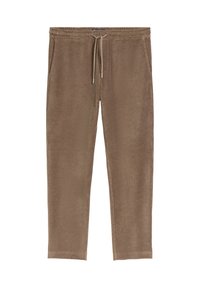 Braune Mickymuster-Hosen aus Cord mit elastischem Bund und Kordelzug, ausgestattet mit seitlichen Taschen und geradem Schnitt.