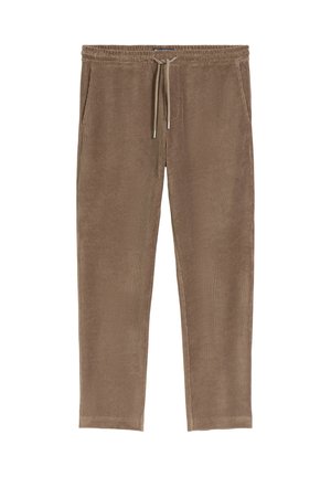 Braune Mickymuster-Hosen aus Cord mit elastischem Bund und Kordelzug, ausgestattet mit seitlichen Taschen und geradem Schnitt.