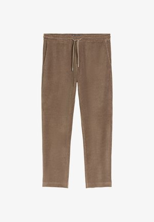 Braune Mickymuster-Hosen aus Cord mit elastischem Bund und Kordelzug, ausgestattet mit seitlichen Taschen und geradem Schnitt.