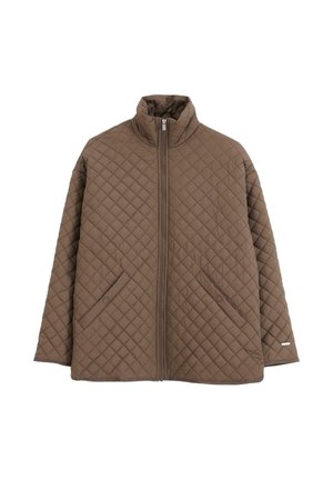 Veste matelassée marron avec un col haut, une fermeture éclair pleine longueur et deux poches latérales. Texture lisse avec un motif en diamant.