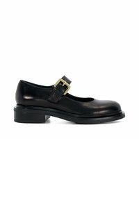 Black leather Mary Jane shoe with chunky low heel and large gold buckle strap across the top, shown in side profile on white background.