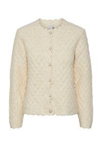 Langärmlige, cremefarbene Strickjacke mit einem strukturierten Rauten-Muster, gewelltem Kragen und fünf dekorativen Perlenknöpfen auf der Vorderseite.