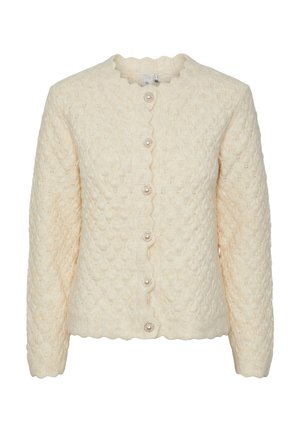 Langärmlige, cremefarbene Strickjacke mit einem strukturierten Rauten-Muster, gewelltem Kragen und fünf dekorativen Perlenknöpfen auf der Vorderseite.