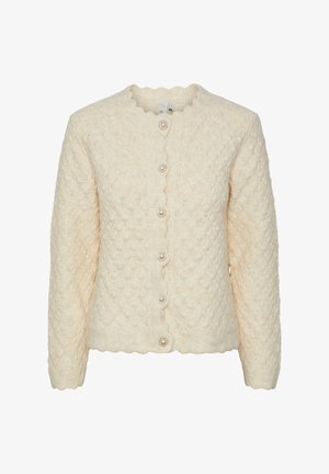 Cardigan a maniche lunghe color crema con un motivo a diamante testurizzato, colletto ondulato e cinque bottoni decorativi in perla sul davanti.