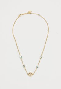 Gull lenke halskjede med runde blå edelstener og en sentral blomst pendant. Delikate lenker med polert finish som viser glitrende detaljer.