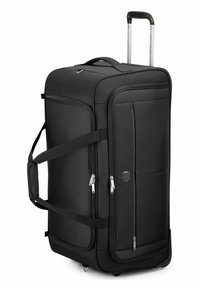 Bolsa de viaje negra con ruedas, dos compartimentos con cremallera, asas laterales acolchadas y mango retráctil. Fabricada con un tejido duradero de textura suave.