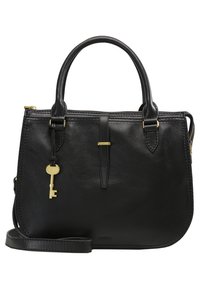 Sac à main en cuir noir à forme structurée, avec des ferrures de couleur dorée, un accent en forme de clé, des poignées supérieures et une bandoulière réglable.