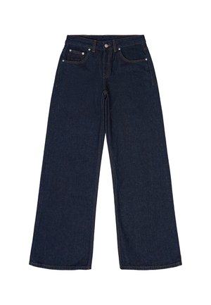 Dark blue wide-leg jeans made of denim. Features include five pockets, belt loops, and contrasting orange stitching. No patterns or embellishments.