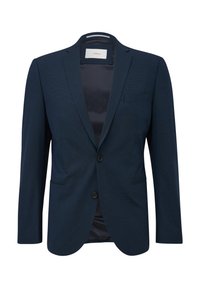 Marineblauer Herrenblazer mit Reverskragen, zwei Knopfverschluss und Fronttaschen, vor einem weißen Hintergrund präsentiert.