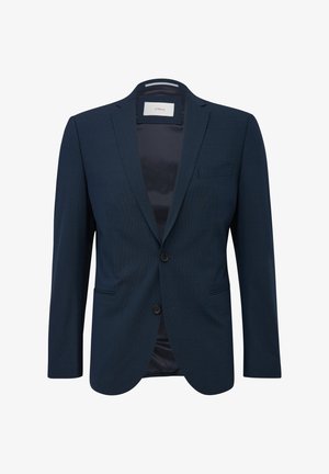 Marineblauwe herenblazer met geknipte revers, een sluiting met twee knopen en voorzakken, weergegeven op een witte achtergrond.