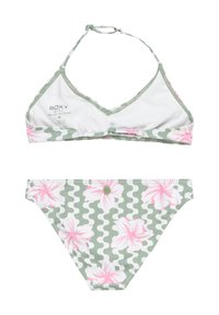 Bikini set s zeleným kvetinovým vzorom s veľkými ružovými hibiskusovými kvetmi. Vrchná časť má trojuholníkový dizajn s nastaviteľnými ramienkami.