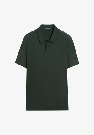 Mørkegrøn kortærmet poloshirt med krave og to knapper, vist fladt på en hvid baggrund.