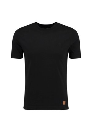 T-shirt noir à manches courtes en coton, avec un col rond et un petit logo embossé sur la poitrine. Tissu texturé avec une finition lisse.