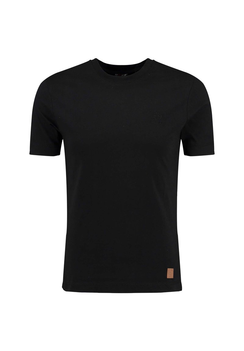 Zwarte t-shirt met korte mouwen van katoen, met een ronde halslijn en een klein logo op de borst. Gestucte stof met een gladde afwerking.