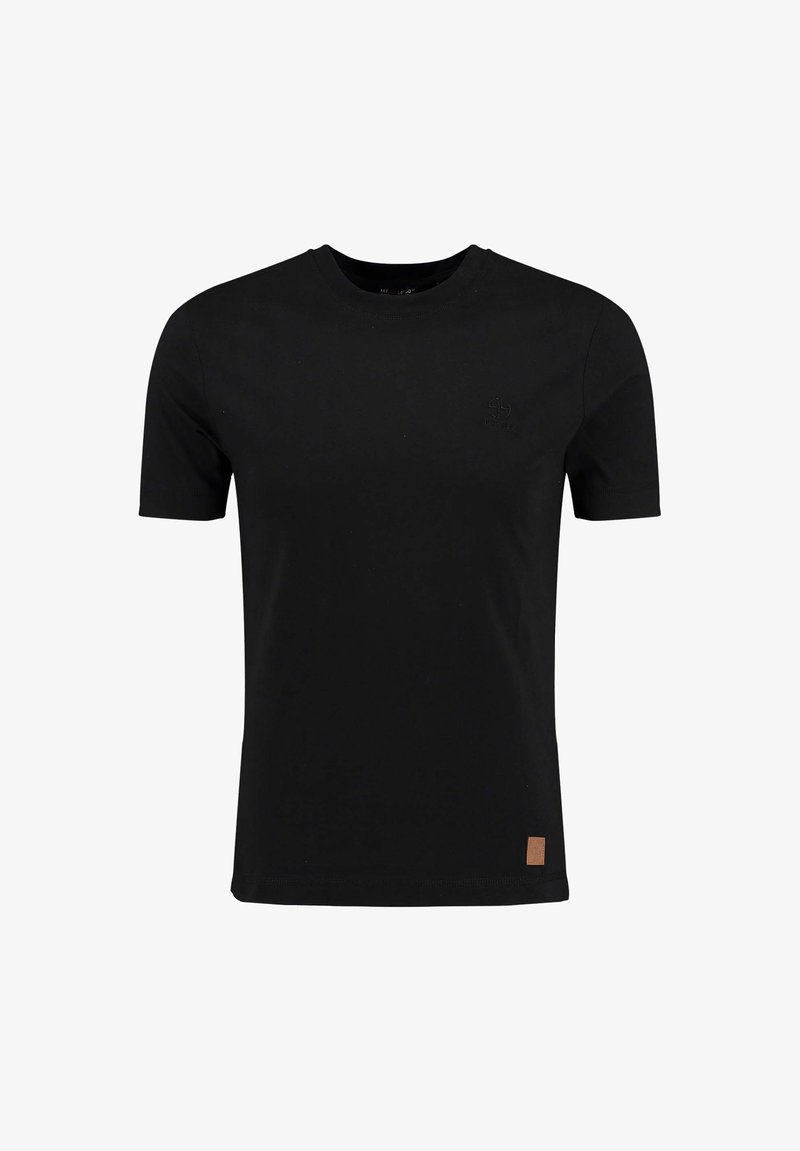 Zwarte t-shirt met korte mouwen van katoen, met een ronde halslijn en een klein logo op de borst. Gestucte stof met een gladde afwerking.