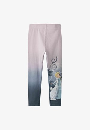 Leggings pour filles avec dégradé du rose clair au gris foncé, ornés d'un personnage imprimé portant une robe bleue et de motifs tourbillonnants de flocons de neige sur la partie inférieure de la jambe.