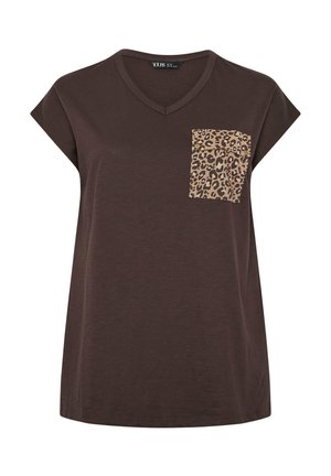 Brown V-neck sleeveless top with a leopard print chest pocket on the left side.