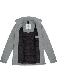 Veste grise à rayures avec un extérieur texturé, un intérieur matelassé noir, une fermeture éclair, et une étiquette au col. Dotée d'un col et de poches latérales.