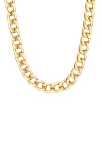 Zlate verižice na ovratniku s debelimi, povezovanimi povezavami. Polirana površina z gladko teksturo, ki prikazuje enotno zlato barvo po celotni dolžini.