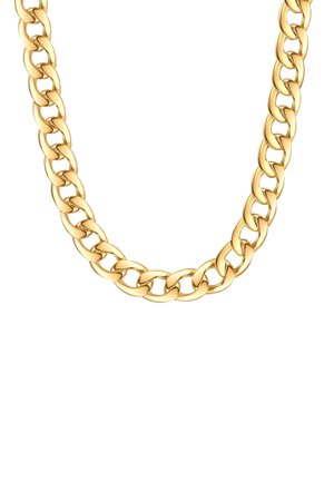 Gold chain necklace with thick, interlocking links. Polished surface with a smooth texture, displaying a uniform gold color throughout.