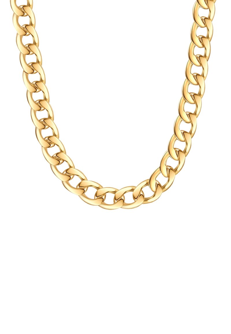 Zlate verižice na ovratniku s debelimi, povezovanimi povezavami. Polirana površina z gladko teksturo, ki prikazuje enotno zlato barvo po celotni dolžini.