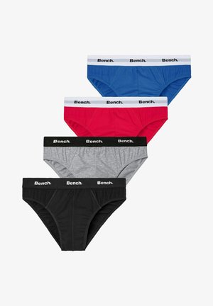 Schwarze Baumwollunterwäsche mit breitem elastischen Bund, der den Markennamen "Bench" trägt. Die Vorderseite hat eine glatte Textur und eine ergonomische Form.