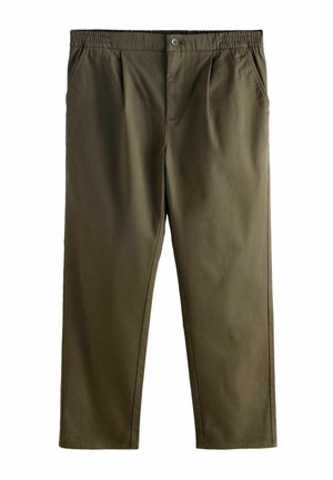 Olive green, woven trousers with an elastic waistband, a front button closure, and two side pockets; features natural texture and straight fit.