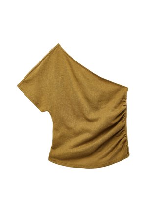 Brun et skulder-top med korte ærmer og rynket detalje i siden, lavet af blødt, letvægtigt stof.