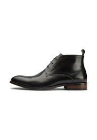 Black leather ankle boots with a sleek, pointed toe, featuring three eyelets for laces and a wooden heel accent.