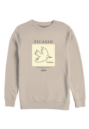 Beiger Pullover mit einer schwarzen Strichzeichnung einer Taube, die einen Olivenzweig hält, darüber der Schriftzug "PICASSO" und darunter "Die Friedenstaube 1949".