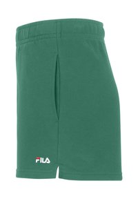 Pantaloni corti verdi in cotone con vita elastica, caratterizzati da tasche laterali e un piccolo logo FILA bianco vicino all'orlo. Texture morbida, design casual.