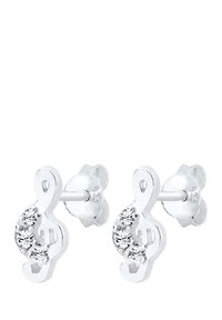 Ohrringe in Form von musikalischen Noten aus Sterlingsilber, besetzt mit vier kleinen klaren Steinen in einem geschwungenen Design. Die Befestigung ist ein Standardstecker.